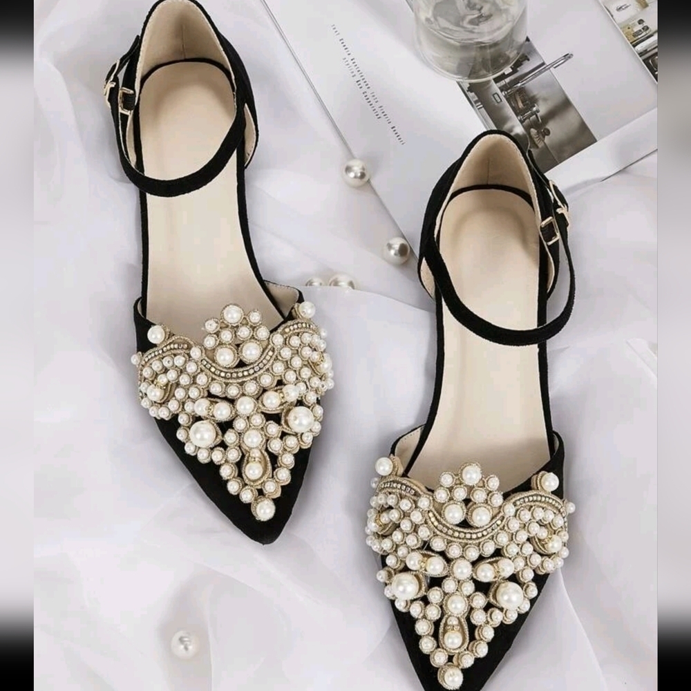 Point Toe Faux Pearl Decor Ankle Strap Flats - Picture 1 of 5